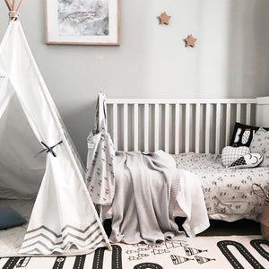 scandi kids room with humpback whale art print made from watercolour and teepee in monochrome boys nursery 